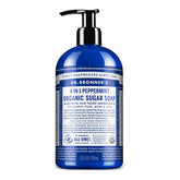 Dr. Bronner's Organic Sugar Soap Peppermint bottle pour for a refreshing cleansing ritual.
