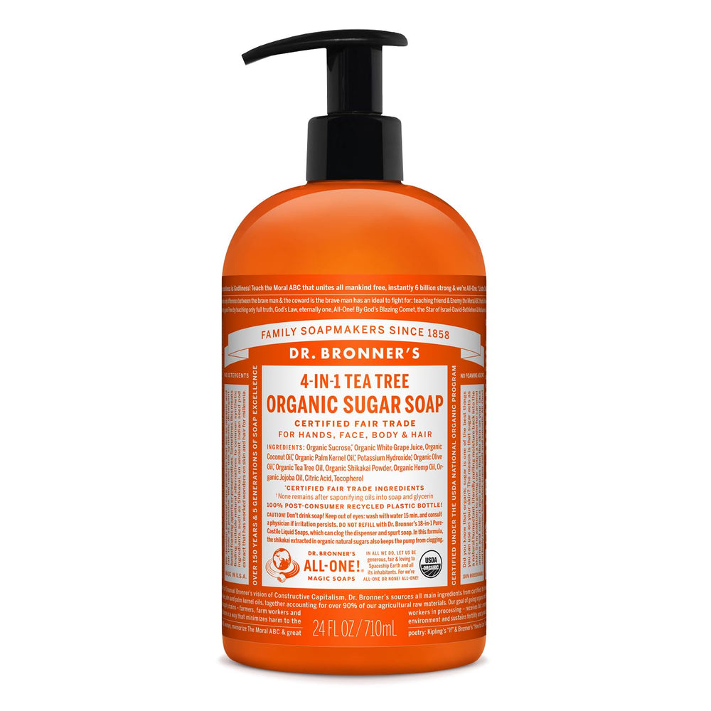 Dr. Bronner's organic sugar soap tea tree bottle offers refreshing cleanse for daily use.