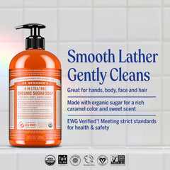 Dr. Bronner's organic sugar soap tea tree lather highlights creamy texture for washing.