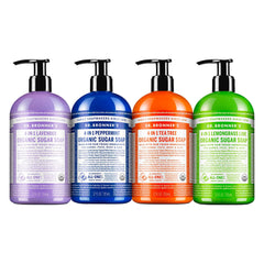 Dr. Bronner's Organic Sugar Soap Lavender pour showcases luxurious bath lather for hands and body