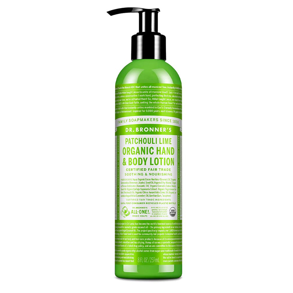 Dr. Bronner's Patchouli Lime Lotion bottle showing organic hydration for daily skin care