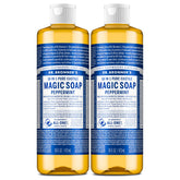 Dr. Bronner's Peppermint Castile Soap bottle pours for a refreshing body wash.
