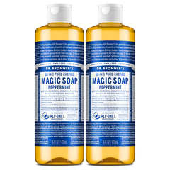 Dr. Bronner's Peppermint Castile Soap bottle pours for a refreshing body wash.