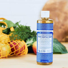 Dr. Bronner's Peppermint Castile Soap close-up showing concentrated formula for versatile cleaning.