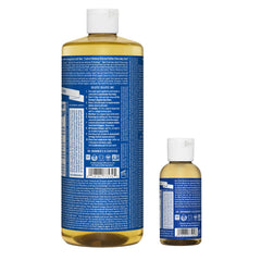 Dr. Bronner's Peppermint liquid soap pour—demonstrates concentrated formula for versatile tasks