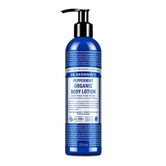 Dr. Bronner's Peppermint Lotion bottle highlights organic oil blend for refreshing skin hydration.