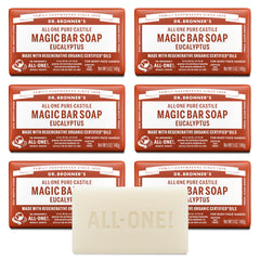 Dr. Bronner's eucalyptus bar packaging shown in recycled paper for eco-friendly cleansing.