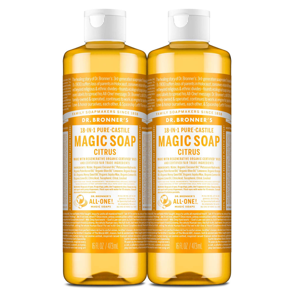 Dr. Bronner's Pure-Castile Citrus bottle front highlighting multi-use soap for skin and household.