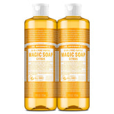 Dr. Bronner's Pure-Castile Citrus bottle front highlighting multi-use soap for skin and household.