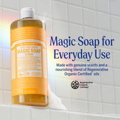 Dr. Bronner's Pure-Castile Citrus bottle offers refreshing scent for quick hand and body cleanse.