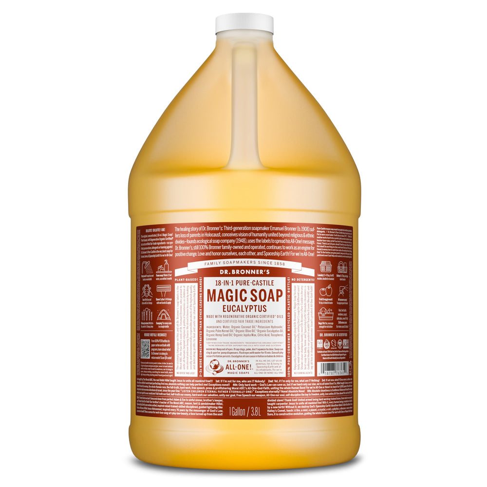 Dr. Bronner's Pure-Castile eucalyptus 1gal bottle ready for versatile cleaning tasks.