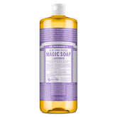 Dr. Bronner’s Pure-Castile Lavender bottle close-up with rich lather for cleansing.