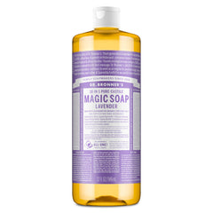 Dr. Bronner’s Pure-Castile Lavender bottle close-up with rich lather for cleansing.
