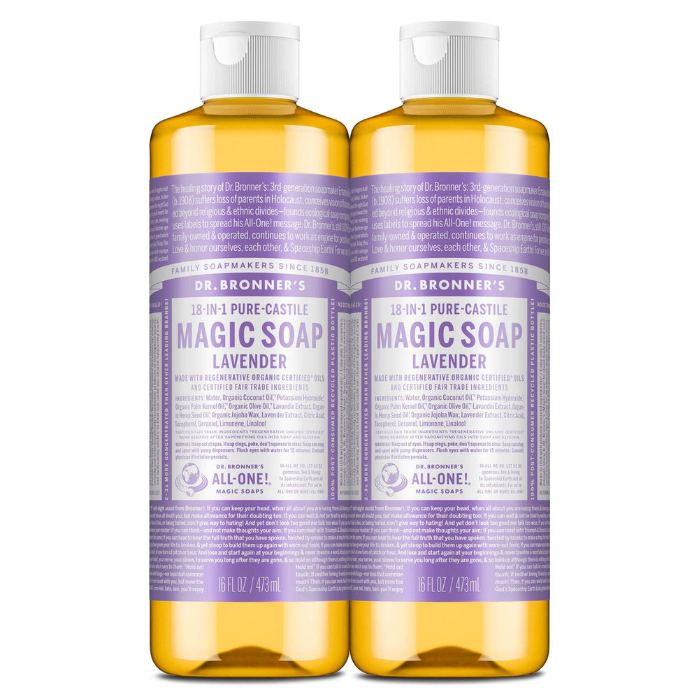 Dr. Bronner's Pure-Castile Lavender bottle ready for versatile cleansing rituals.