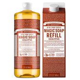 Dr. Bronner's Pure-Castile Eucalyptus bottle close-up showing organic oils for cleansing.