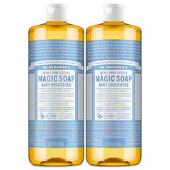 Dr. Bronner's Pure-Castile Baby Unscented bottle highlights gentle, skin-friendly cleansing for sensitive users.