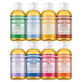 Dr. Bronner's Pure-Castile liquid soap bottle closeup with rich lather for nourishing cleansing.