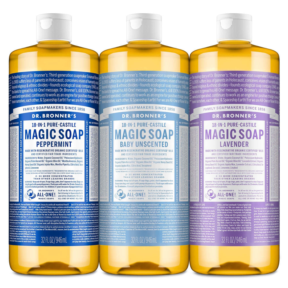 Dr. Bronner's Peppermint Pure-Castile bottle offers refreshing body wash and hair cleansing.