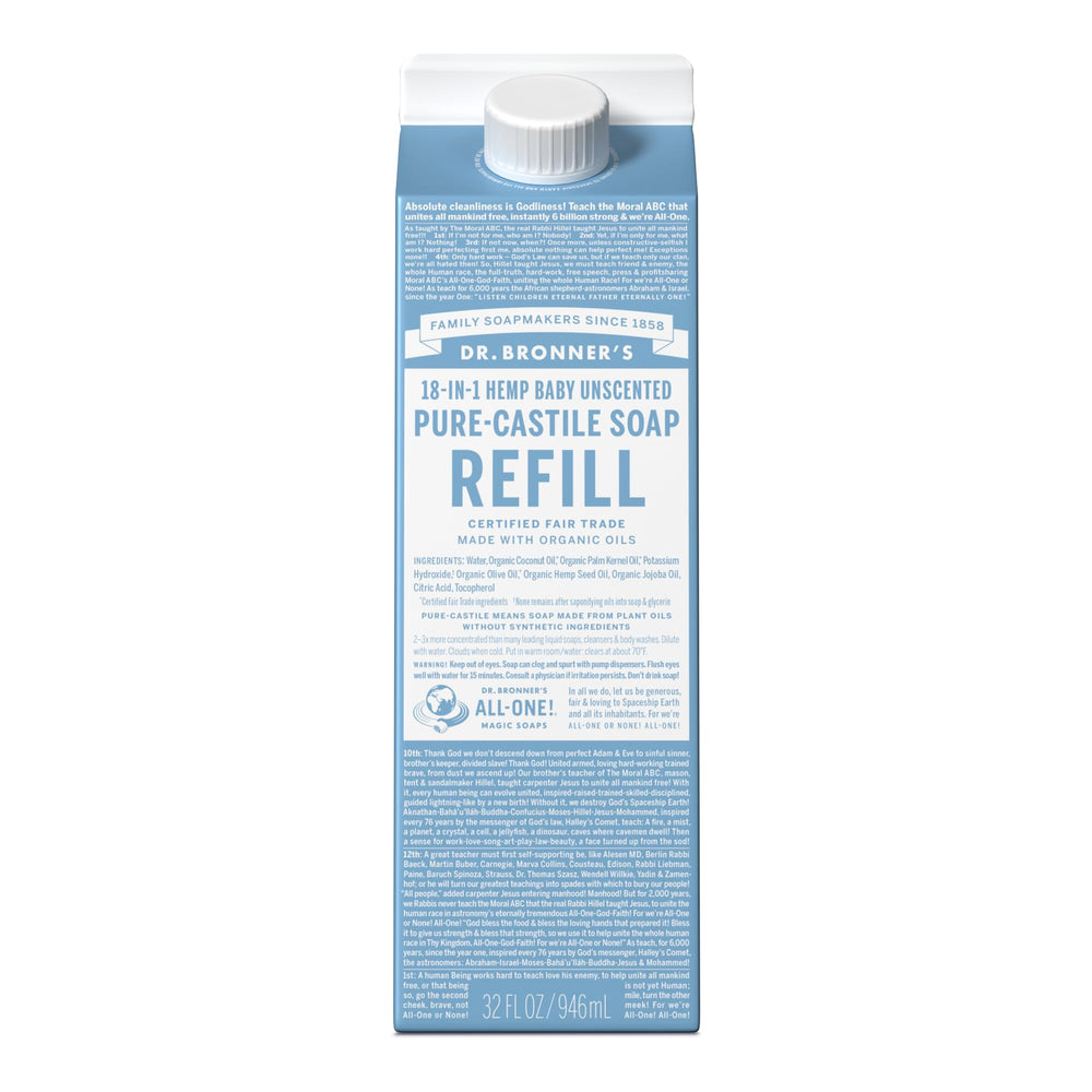 Dr. Bronner's Pure-Castile soap refill bottle; versatile for face, body, and cleaning.