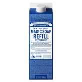Dr. Bronner's Pure-Castile Peppermint refill bottle with vibrant label for versatile household use.
