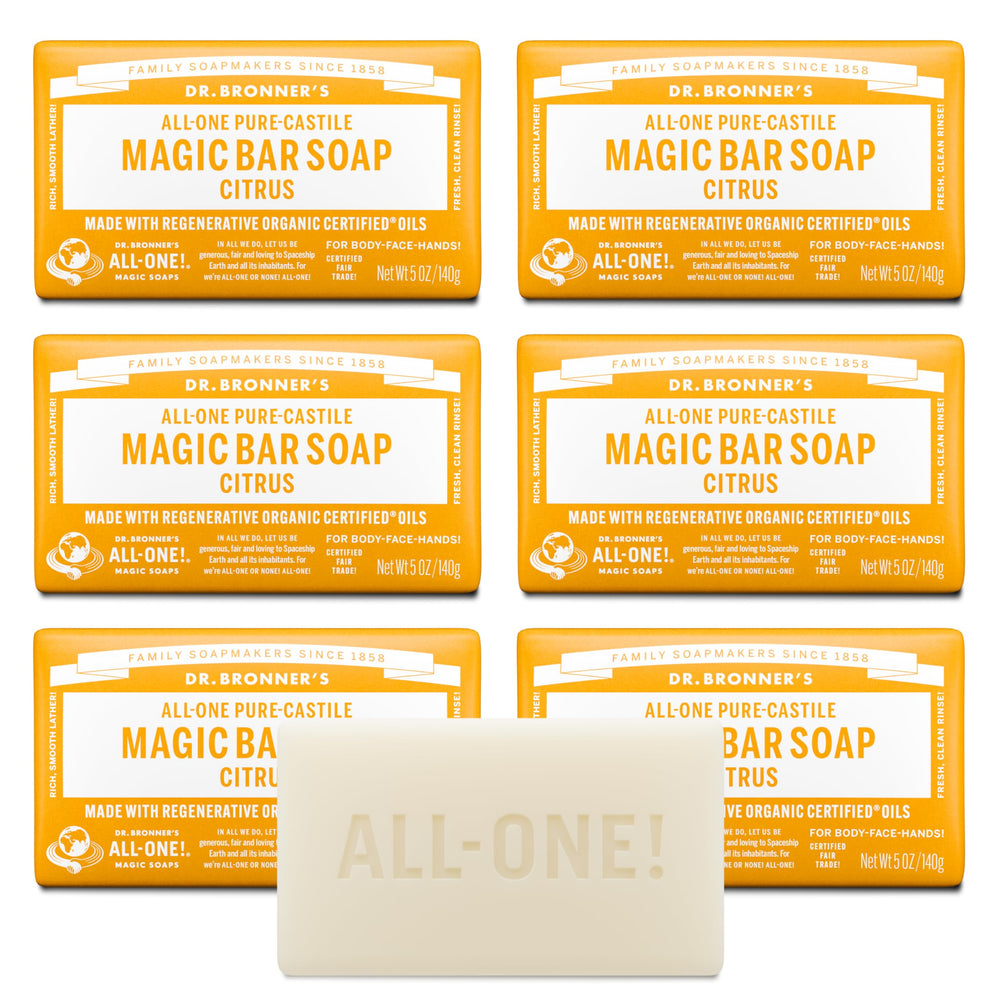 Dr. Bronner's Pure-Castile Magic Bar Citrus packaging highlights eco-friendly wrap for sustainable routines.