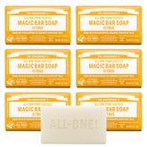 Dr. Bronner's Pure-Castile Magic Bar Citrus packaging highlights eco-friendly wrap for sustainable routines.
