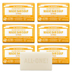 Dr. Bronner's Pure-Castile Magic Bar Citrus packaging highlights eco-friendly wrap for sustainable routines.