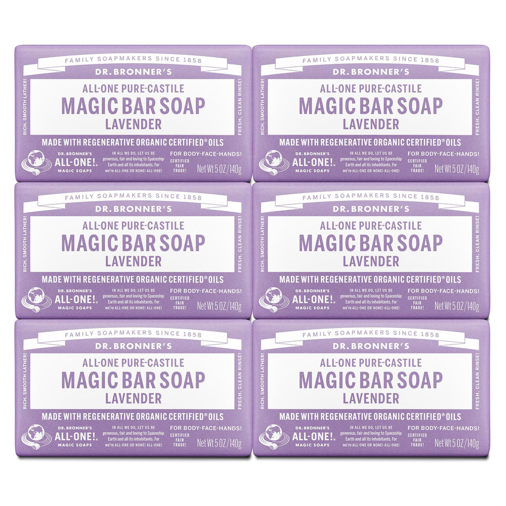 Dr. Bronner's Lavender Pure-Castile bar pack delivers gentle cleansing for face, body, and hair.