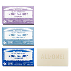 Dr. Bronner's Pure-Castile Peppermint bar lathers richly for refreshing face and body cleansing