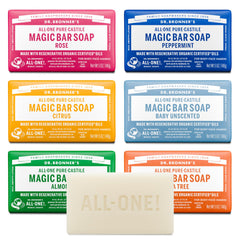 Dr. Bronner's Pure-Castile Magic Bar Almond for a rich, gentle cleanse on face and body.