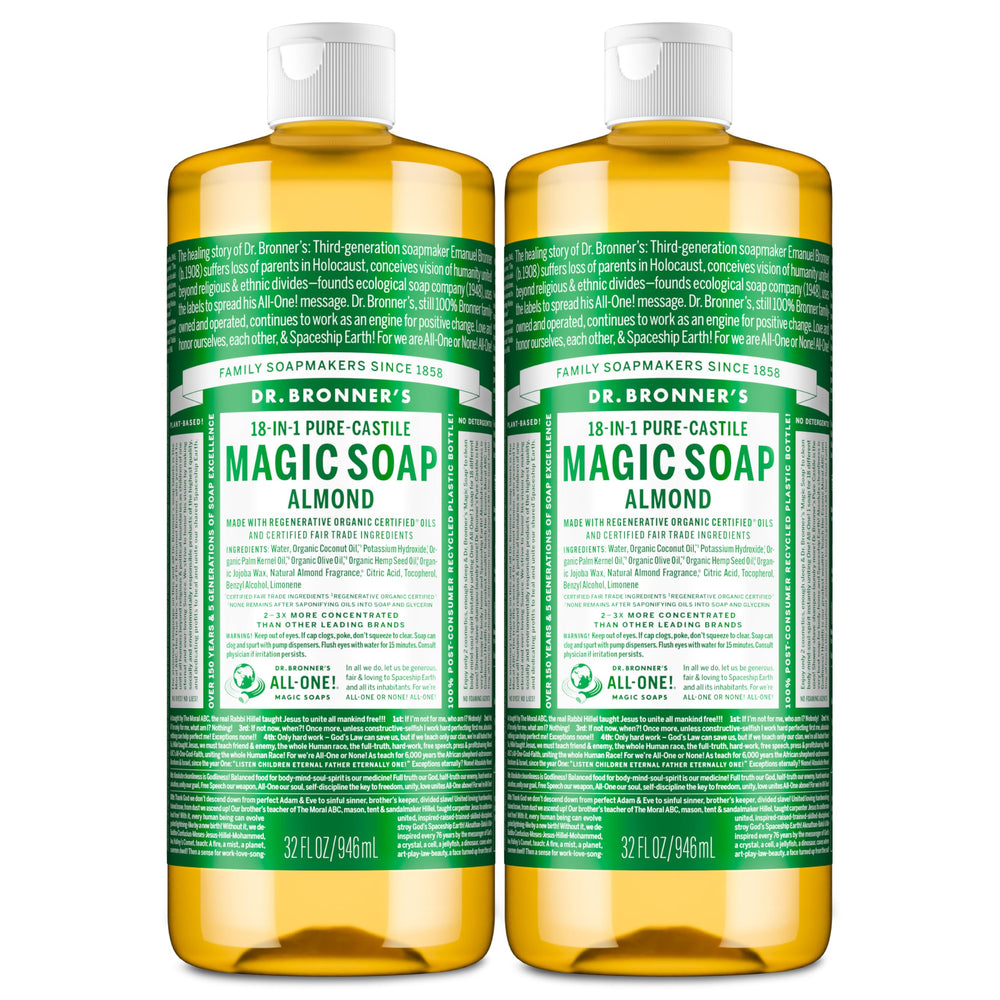 Dr. Bronner's Almond Pure-Castile bottle with rich lather for skin care.