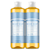 Dr. Bronner's Pure-Castile Baby Unscented soap bottle pouring for versatile everyday cleaning.