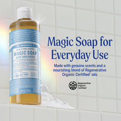 Dr. Bronner's Pure-Castile soap showing rich lather for gentle cleansing.