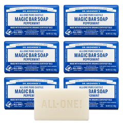 Dr. Bronner's Peppermint Pure-Castile soap bar provides rich lather for face and body cleansing.