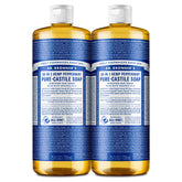 Dr. Bronner's Pure-Castile Peppermint bottle-front showing versatile cleaning for face, body, and dishes.