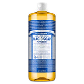 Dr. Bronner's Peppermint bottle pour demonstrates versatile cleaning uses.