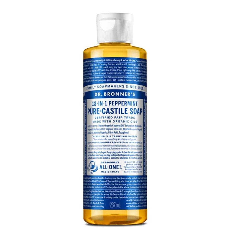 Dr. Bronner's Peppermint Pure-Castile Soap bottle with refreshing mint lather for skin, hair, and everyday cleaning