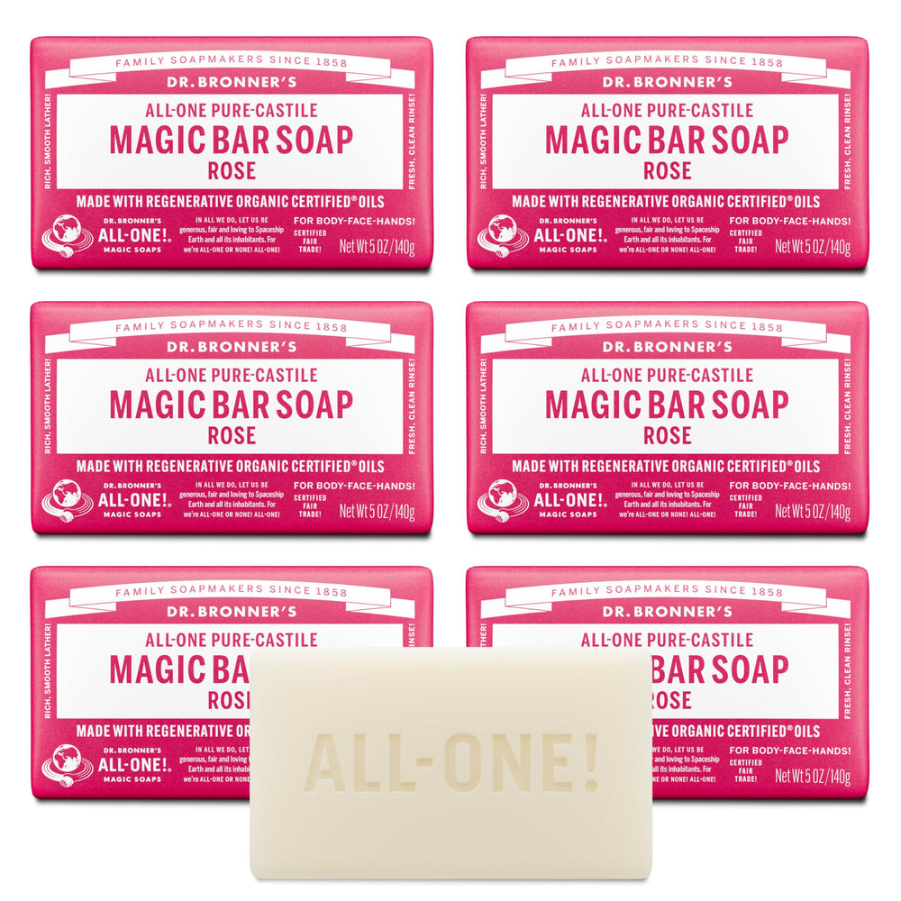 Dr. Bronner's Rose Castile Bar six-pack front view for versatile daily cleansing