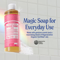 Dr. Bronner's Rose Castile Lather Close-Up—rich suds for daily cleansing.