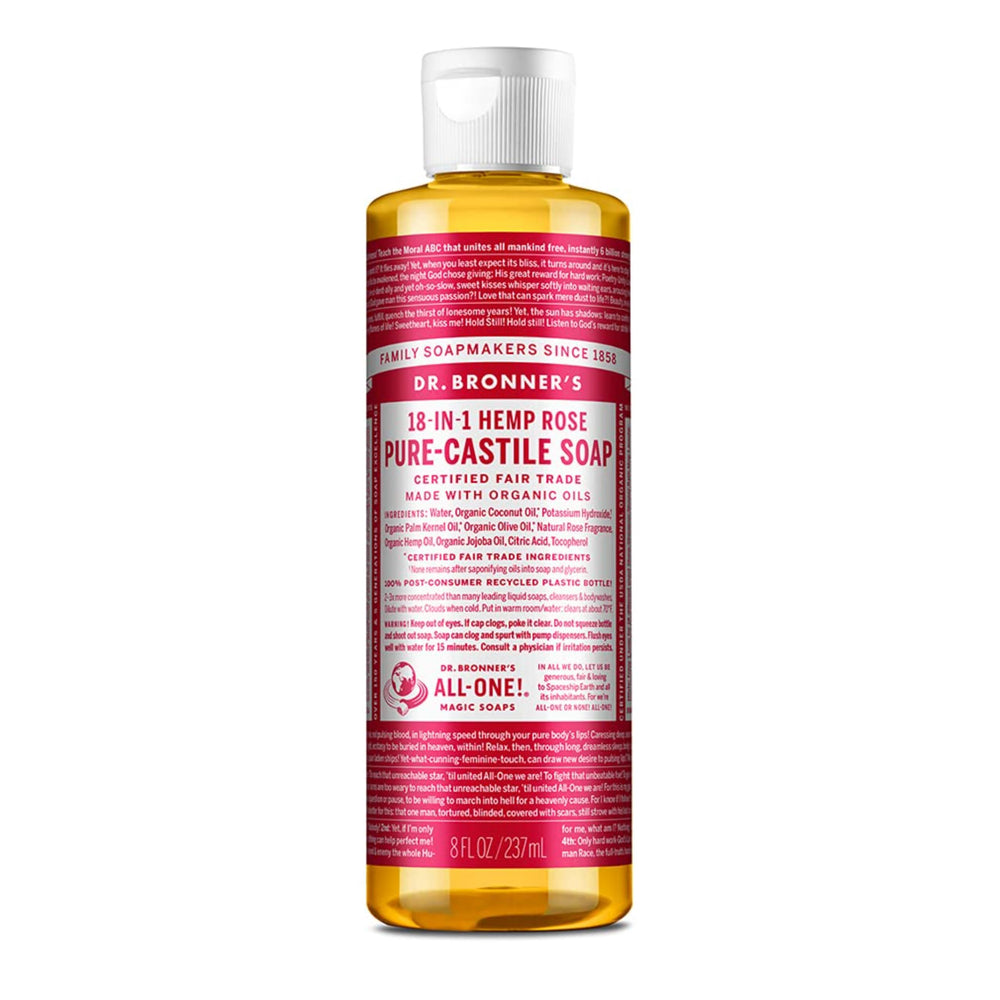 Dr. Bronner's Rose Castile Soap bottle with rose scent for versatile cleaning.