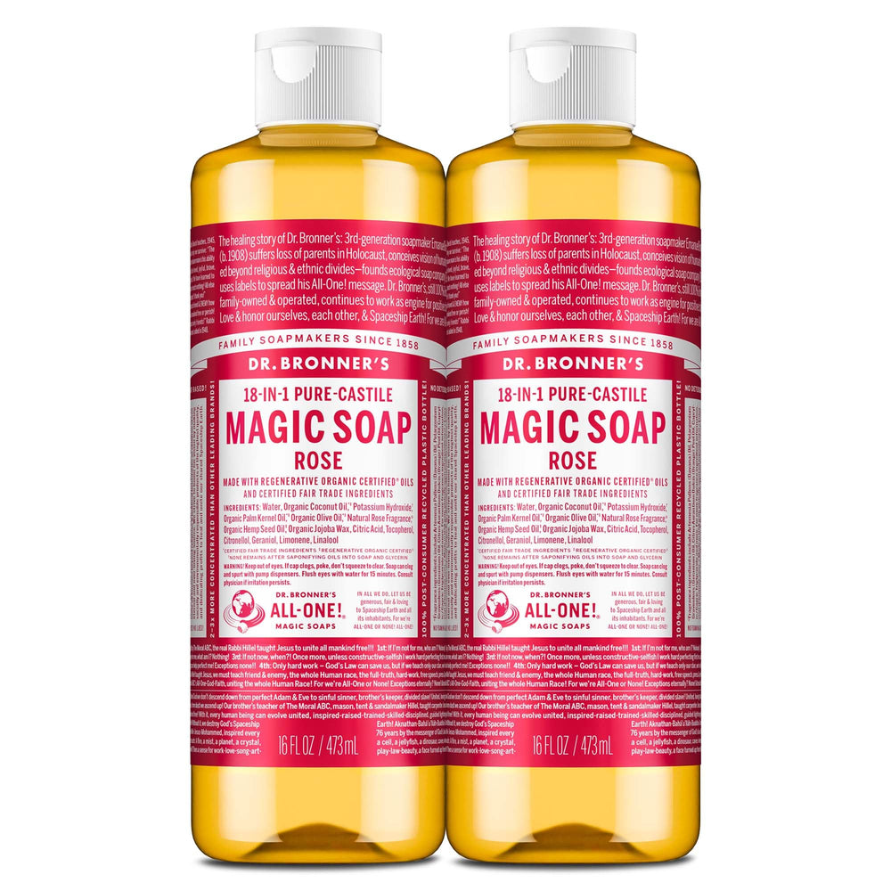Dr. Bronner’s Rose Pure-Castile bottle showcases rich lather for skin and laundry uses.