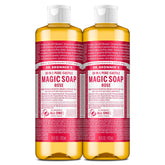 Dr. Bronner’s Rose Pure-Castile bottle showcases rich lather for skin and laundry uses.