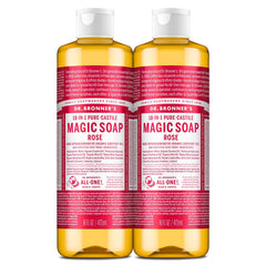 Dr. Bronner’s Rose Pure-Castile bottle showcases rich lather for skin and laundry uses.