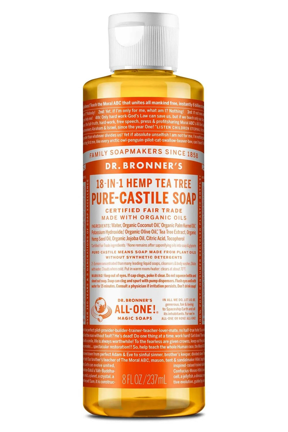 Dr. Bronner's Tea Tree Castile soap bottle pouring for versatile cleaning tasks