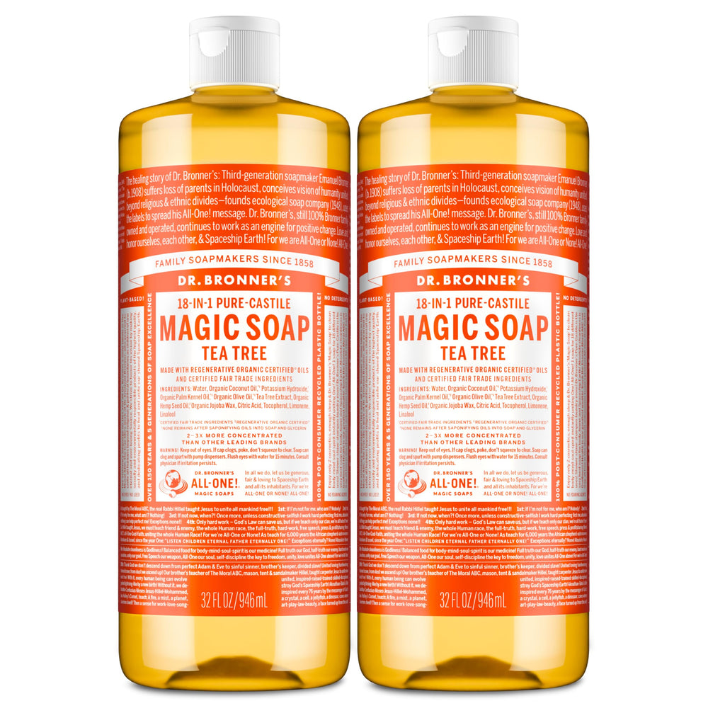 Dr. Bronner's Tea Tree Liquid Soap bottle showing rich lather for body care.