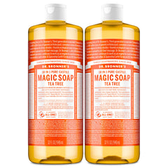 Dr. Bronner's Tea Tree Liquid Soap bottle showing rich lather for body care.
