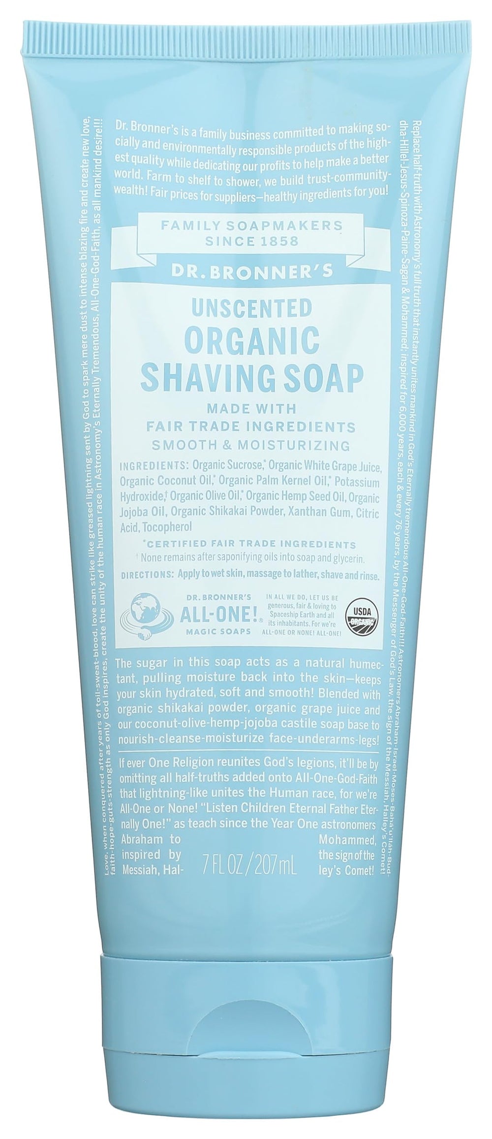 Dr. Bronner's unscented shaving soap tube for a comfortable, close shave.