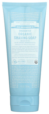 Dr. Bronner's unscented shaving soap tube for a comfortable, close shave.