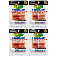 Dr. Dan's Cortibalm 4-pack tube close-up, portable lip care for severe dryness.