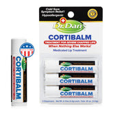 Dr. Dan's Cortibalm tube front demonstrates portable lip care for severe dryness and irritation.